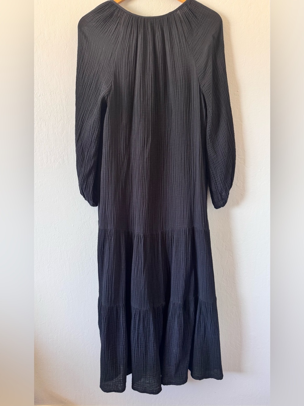 Velvet by Graham & Spencer Black V-Neck Tiered Midi Dress 100% Cotton Gauze - Picture 3 of 8